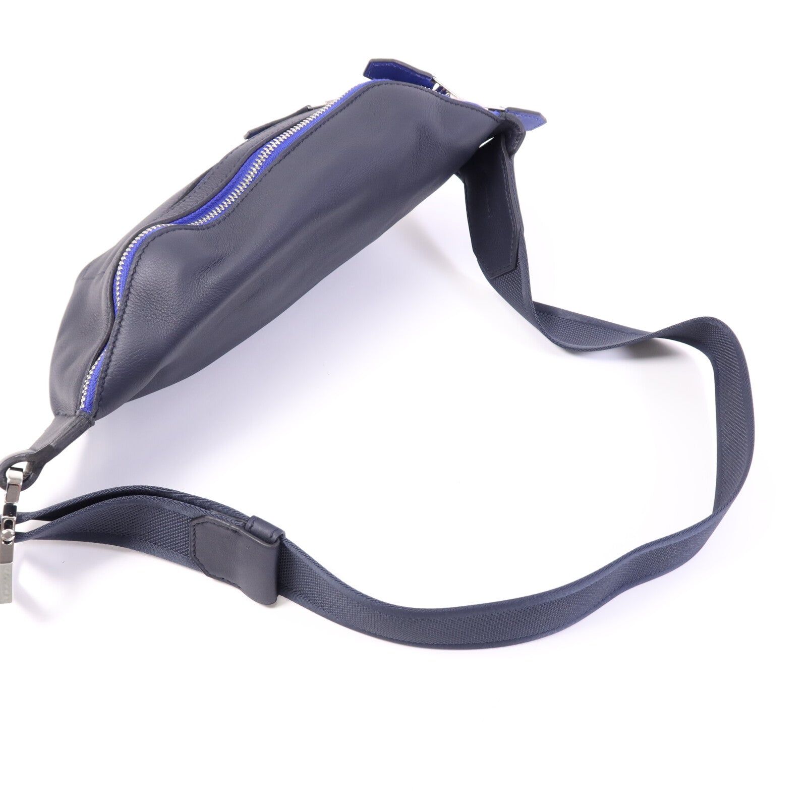 HERMES Swift皮革Cityslide Belt PM銀扣腰包Bleu Indigo/Bleu Electrique