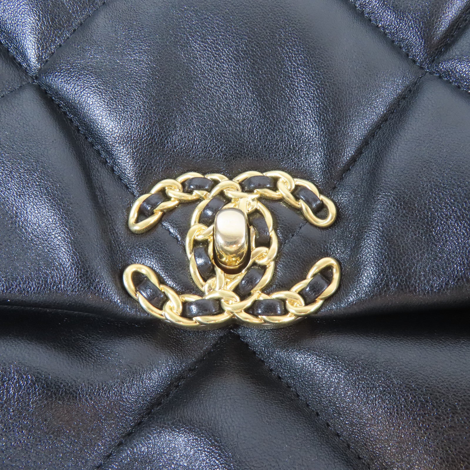 CHANEL 菱格牛皮皮革Chain Shoulder金扣/銀扣手挽肩背兩用袋黑色