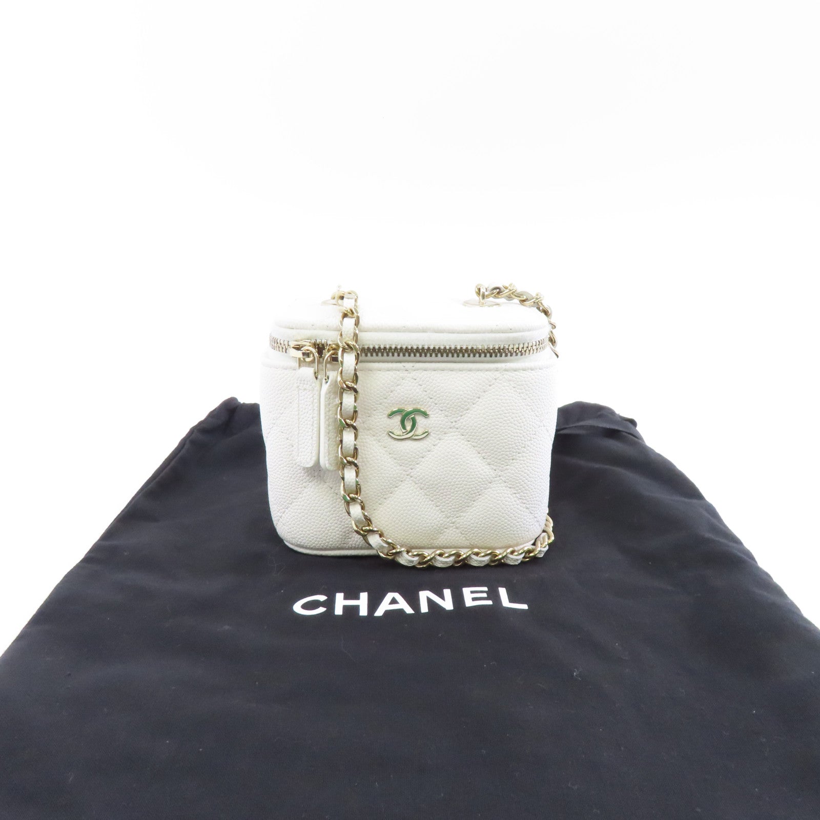 CHANEL 【激減優惠】菱格Caviar皮革Chain Shoulder Bag金扣鏈帶肩背袋白色