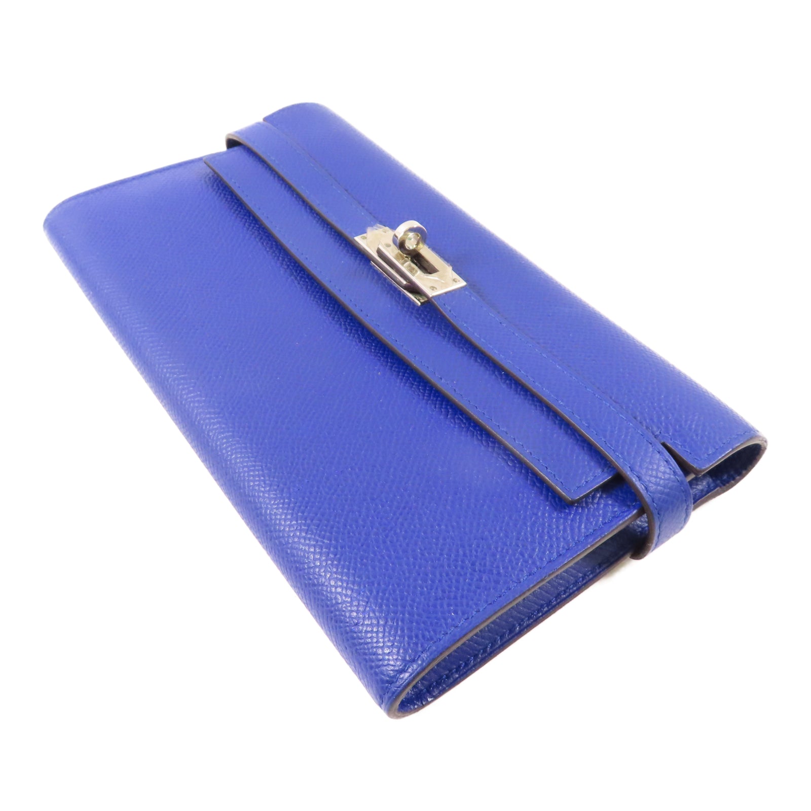 HERMES Epsom皮革Kelly Compact Wallet銀扣錢包Electric Blue藍色