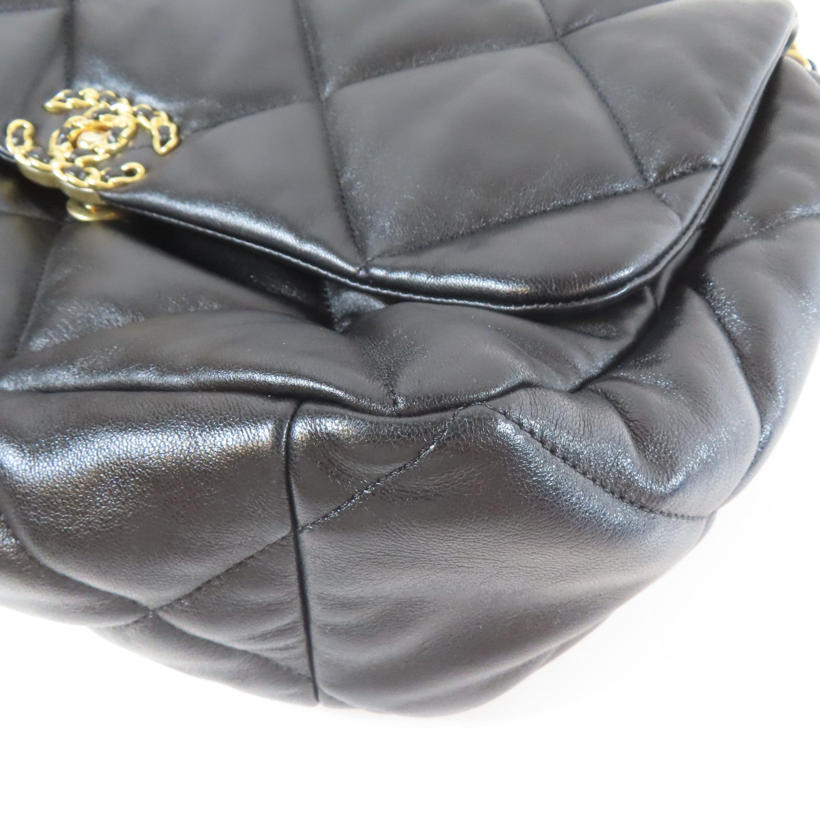 CHANEL 菱格牛皮皮革Chain Shoulder金扣/銀扣手挽肩背兩用袋黑色
