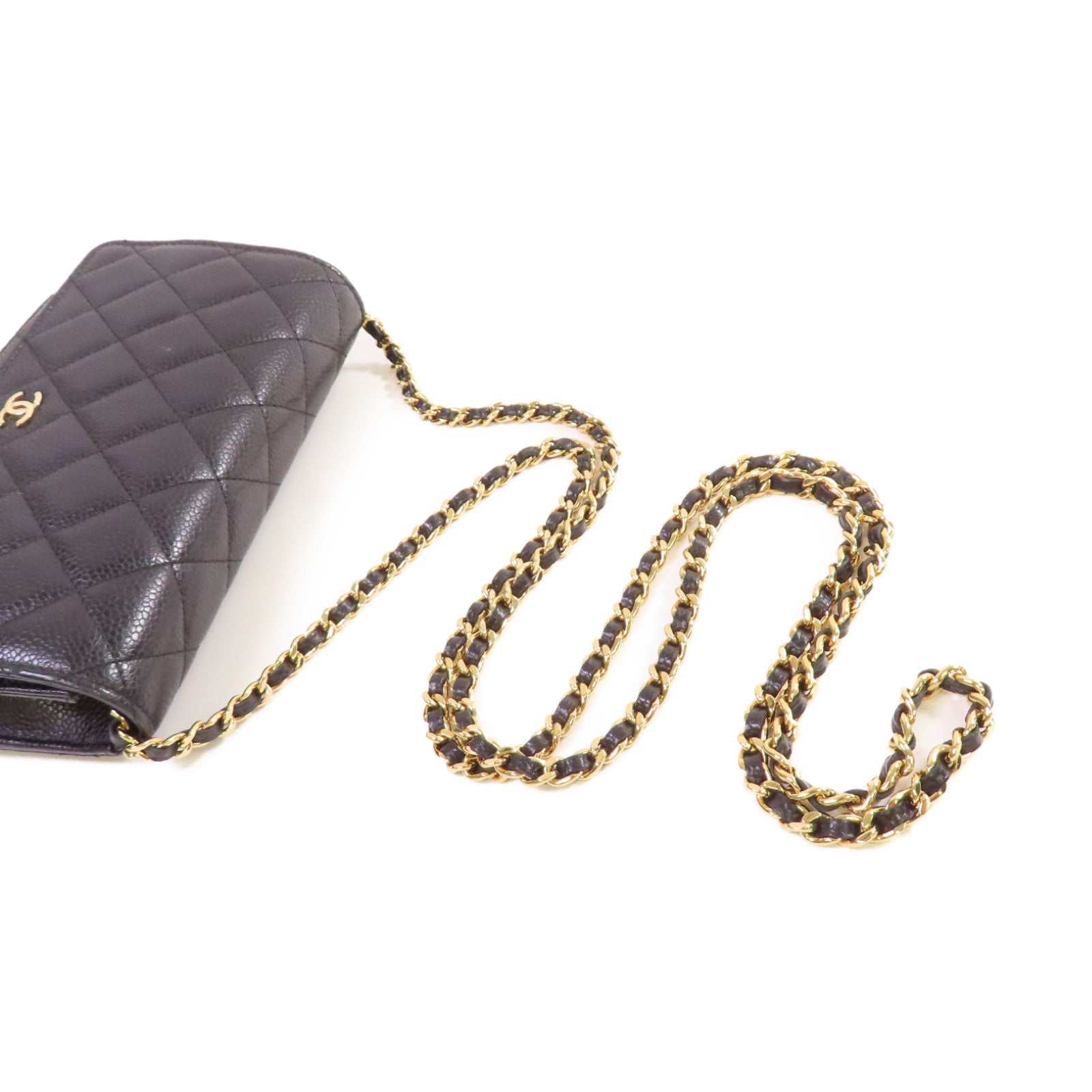 CHANEL 菱格Caviar皮革WOC Wallet On Chain Shoulder Bag金扣鏈帶肩背袋黑色