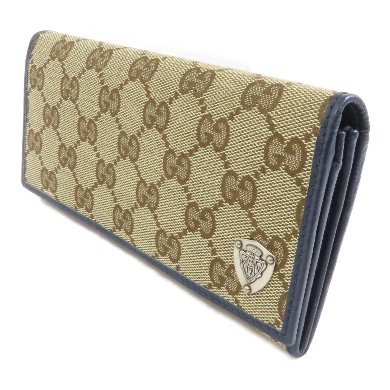 GUCCI 帆布Long Wallet銀扣長錢包棕色/藍色