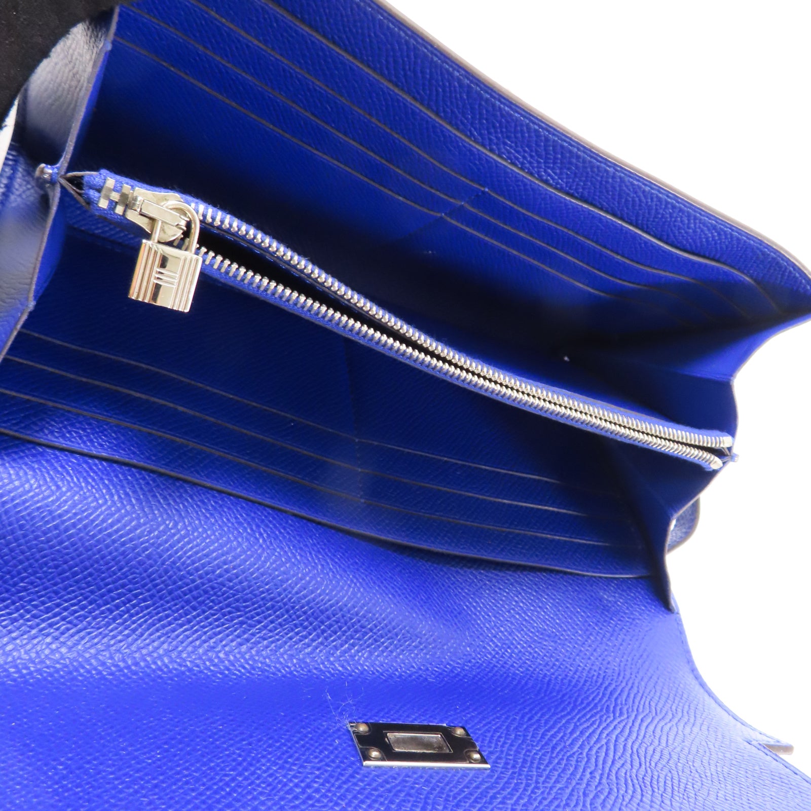 HERMES Epsom皮革Kelly Compact Wallet銀扣錢包Electric Blue藍色