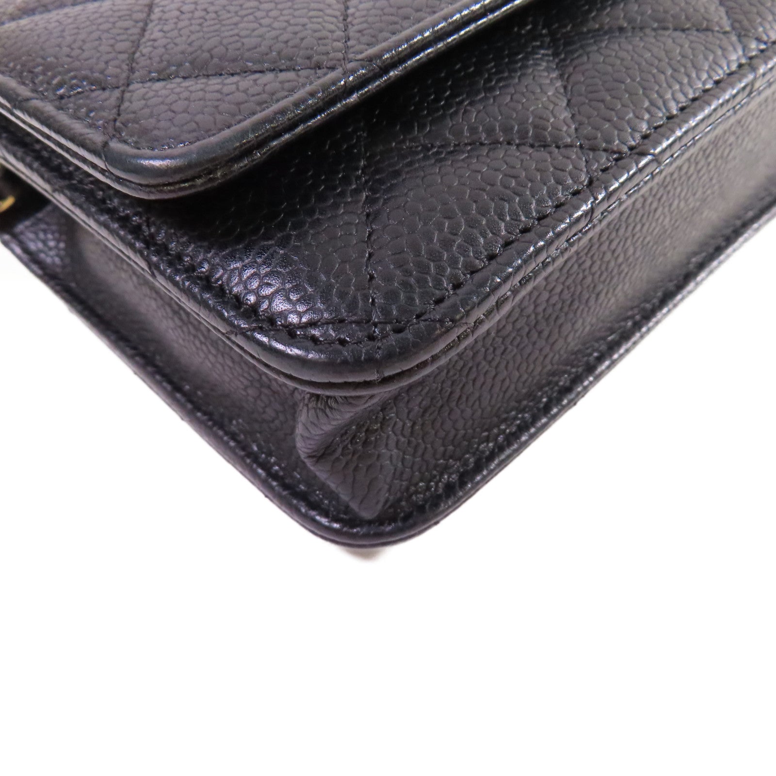 CHANEL 菱格Caviar皮革WOC Wallet On Chain Shoulder Bag金扣鏈帶肩背袋黑色