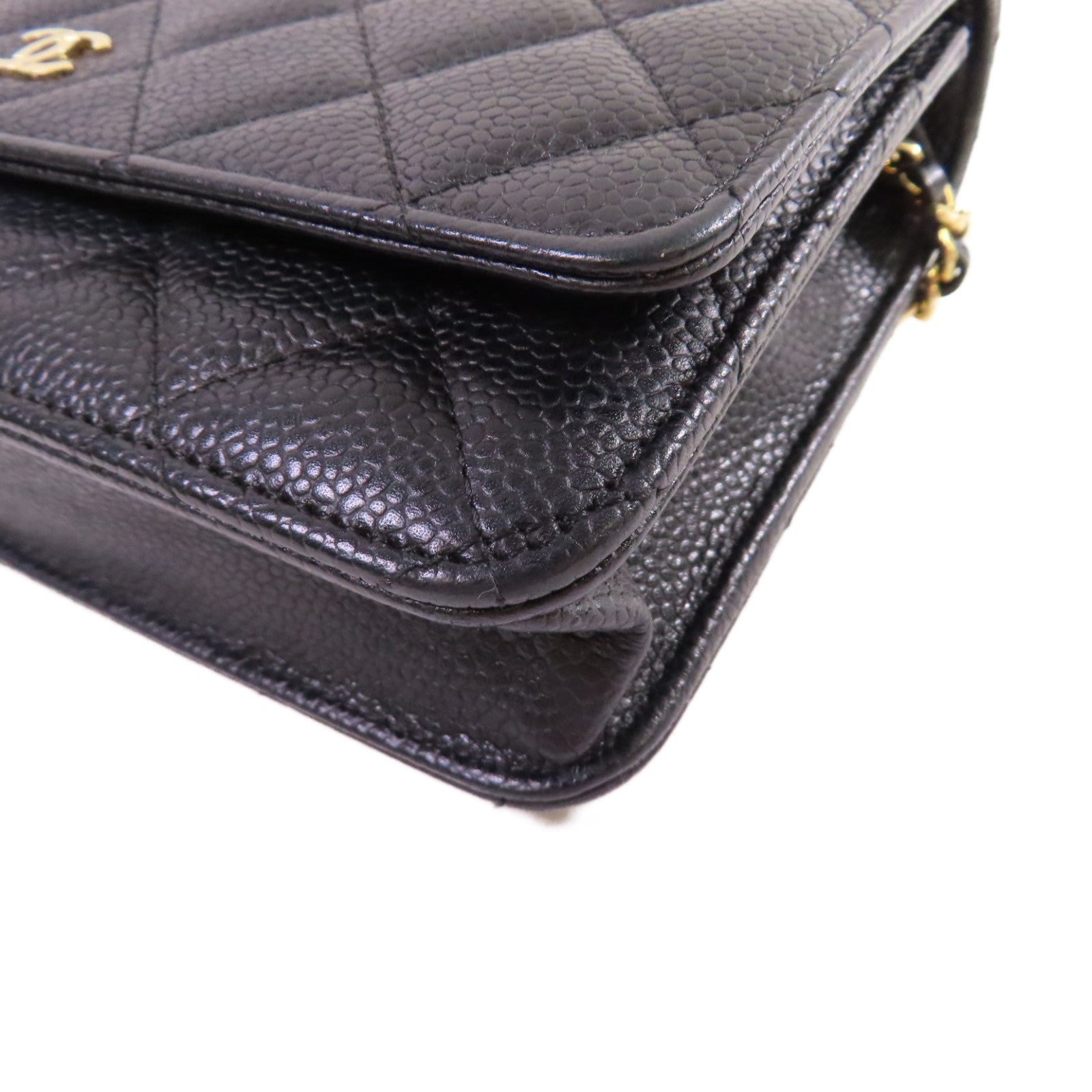 CHANEL 菱格Caviar皮革WOC Wallet On Chain Shoulder Bag金扣鏈帶肩背袋黑色
