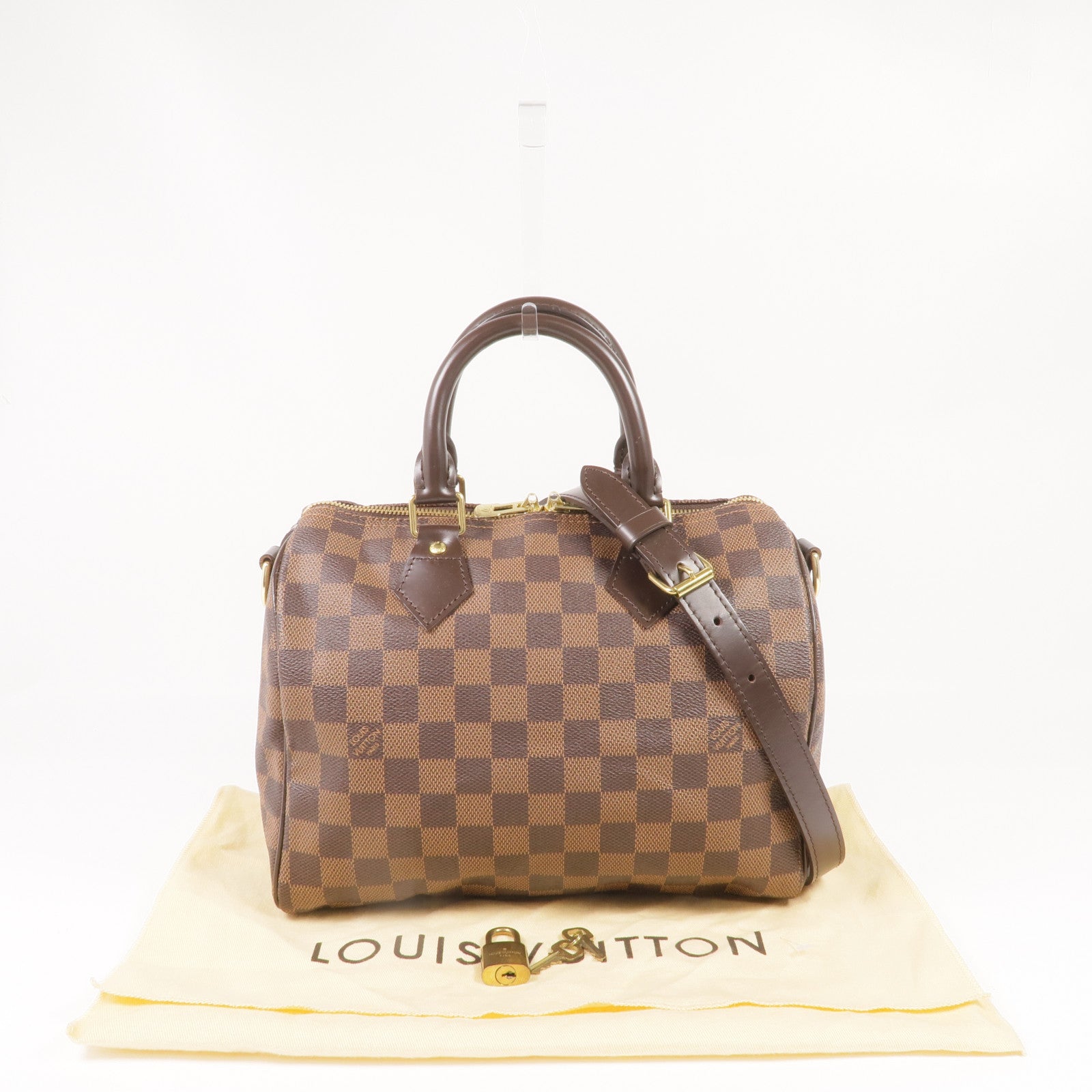 LOUIS VUITTON Damier Speedy Bandouliere 25金扣手挽肩背兩用袋棕色