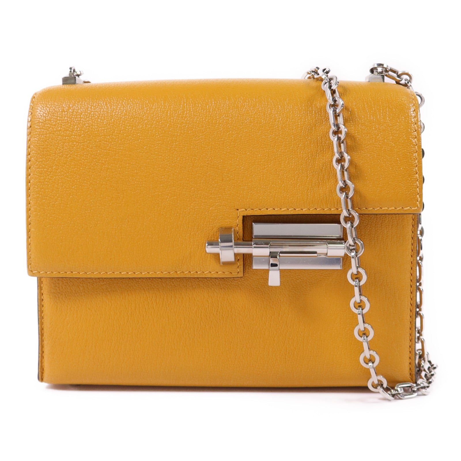 HERMES Chevre皮革Verrou Mini銀扣鏈帶肩背袋Jaune Ambre