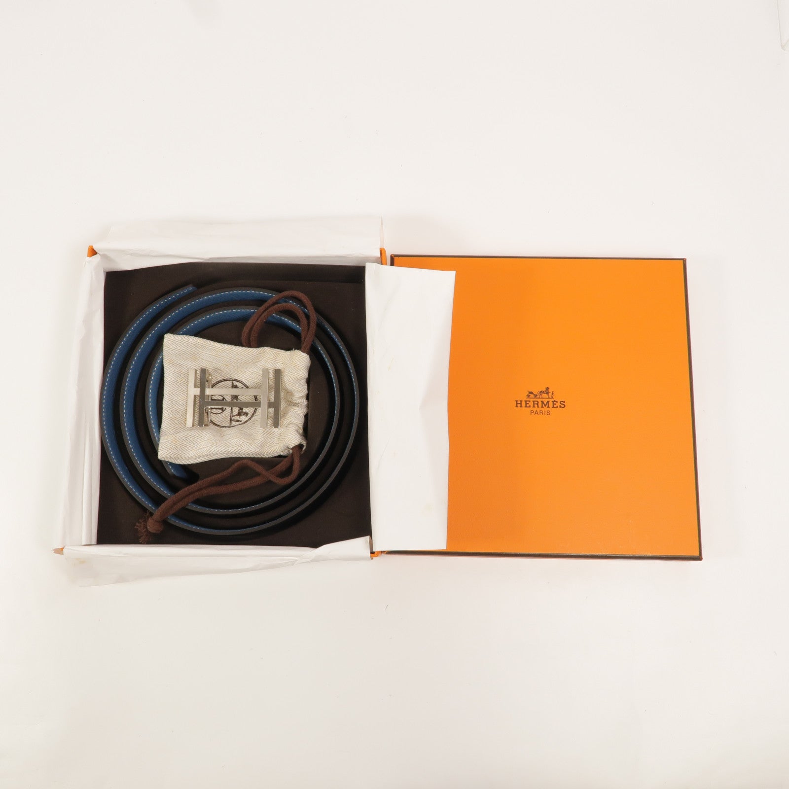 HERMES Togo皮革H Au Carre Belt 90cm皮帶Bleu Azur/Noir