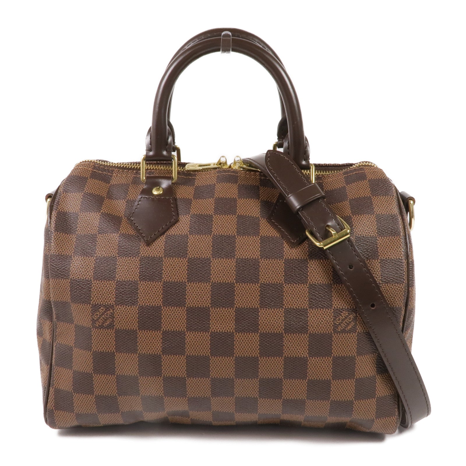 LOUIS VUITTON Damier Speedy Bandouliere 25金扣手挽肩背兩用袋棕色