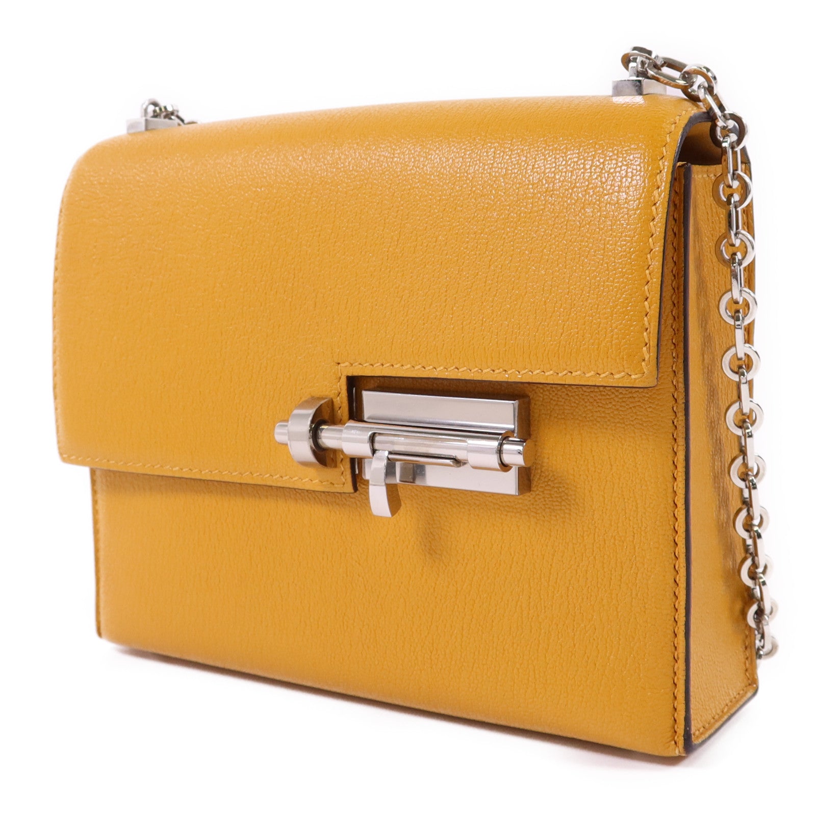 HERMES Chevre皮革Verrou Mini銀扣鏈帶肩背袋Jaune Ambre