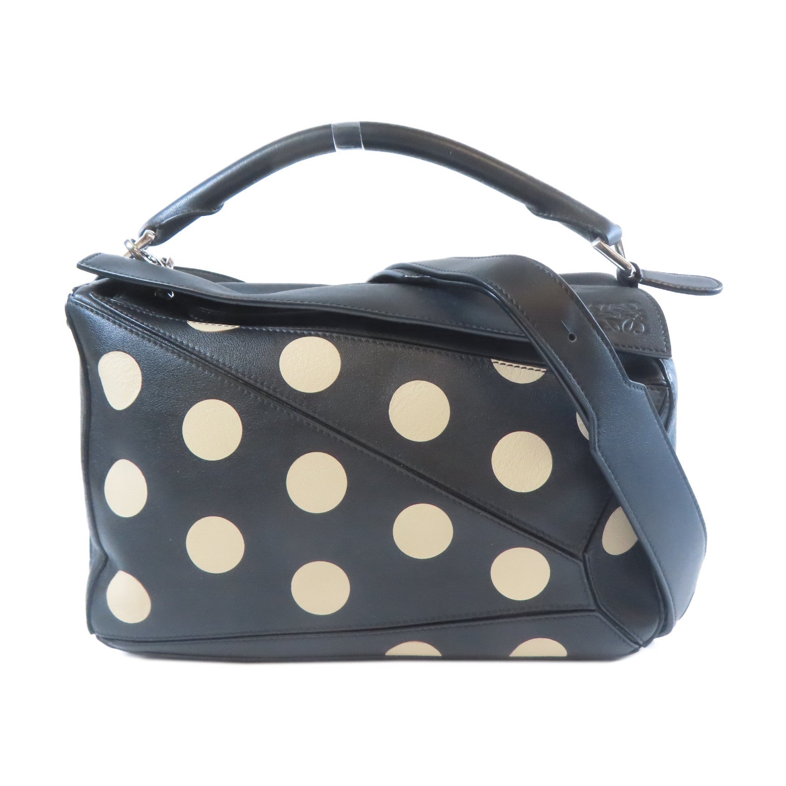 LOEWE 牛皮皮革Puzzle Polka Dot銀扣手挽肩背兩用袋黑色