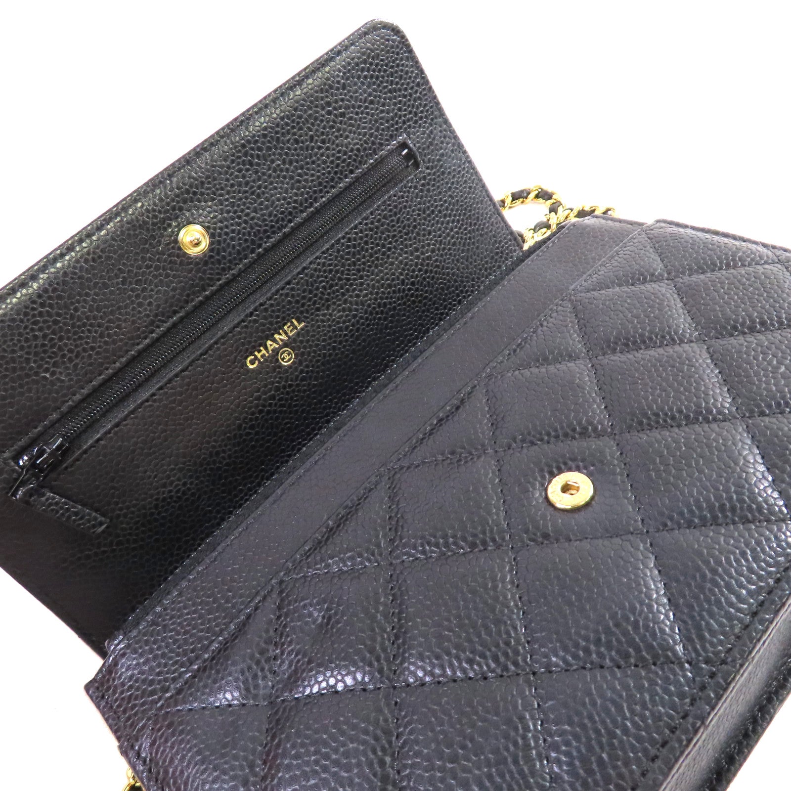 CHANEL 菱格Caviar皮革WOC Wallet On Chain Shoulder Bag金扣鏈帶肩背袋黑色