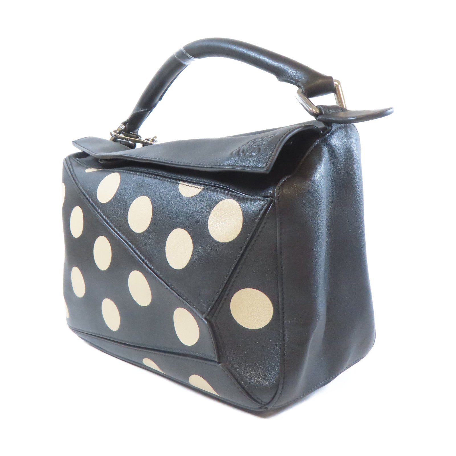 LOEWE 牛皮皮革Puzzle Polka Dot銀扣手挽肩背兩用袋黑色