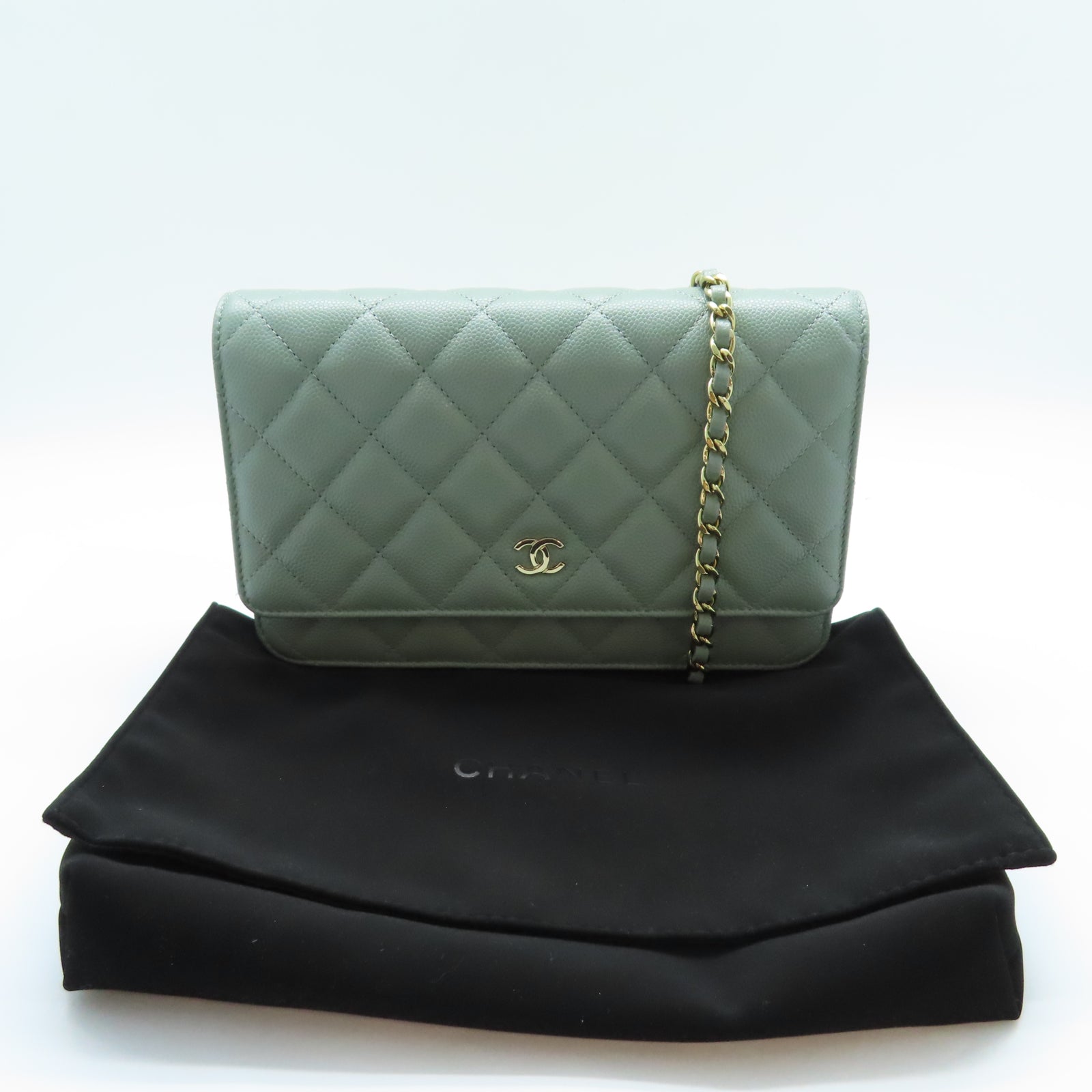 CHANEL 【激減優惠】菱格皮革WOC金扣鏈帶肩背袋綠色