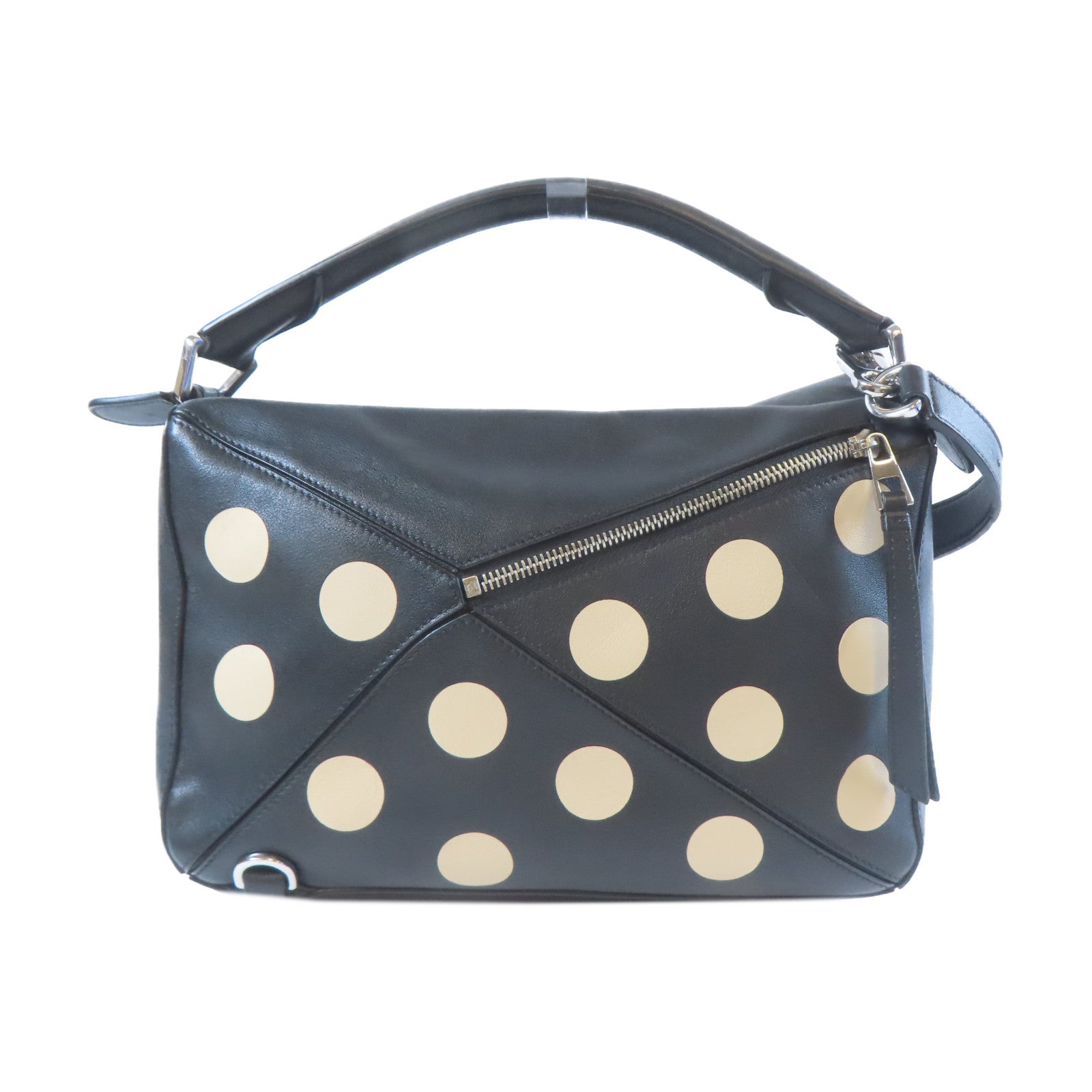 LOEWE 牛皮皮革Puzzle Polka Dot銀扣手挽肩背兩用袋黑色