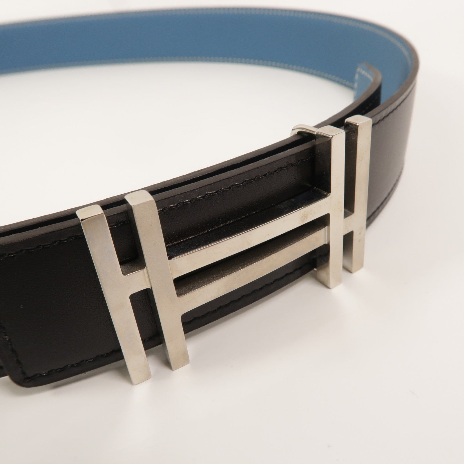 HERMES Togo皮革H Au Carre Belt 90cm皮帶Bleu Azur/Noir