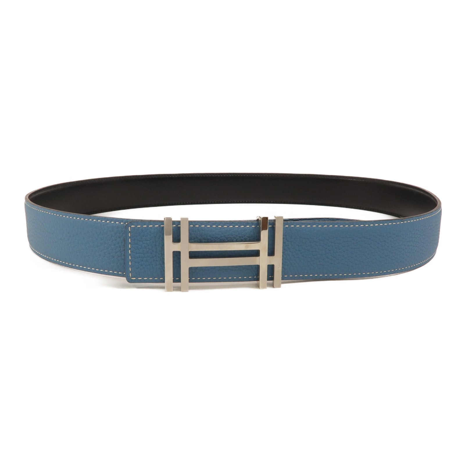 HERMES Togo皮革H Au Carre Belt 90cm皮帶Bleu Azur/Noir