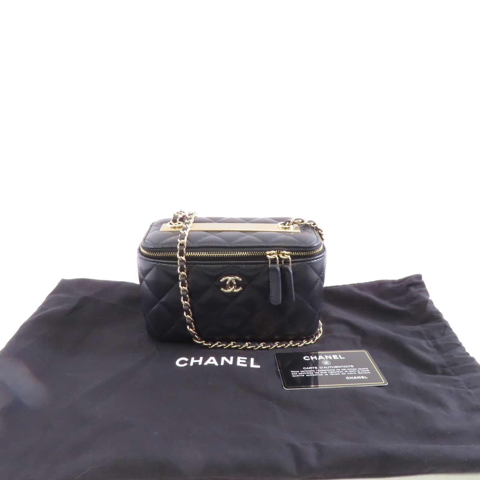CHANEL 菱格羊皮皮革Vanity Bag金扣鏈帶肩背袋黑色