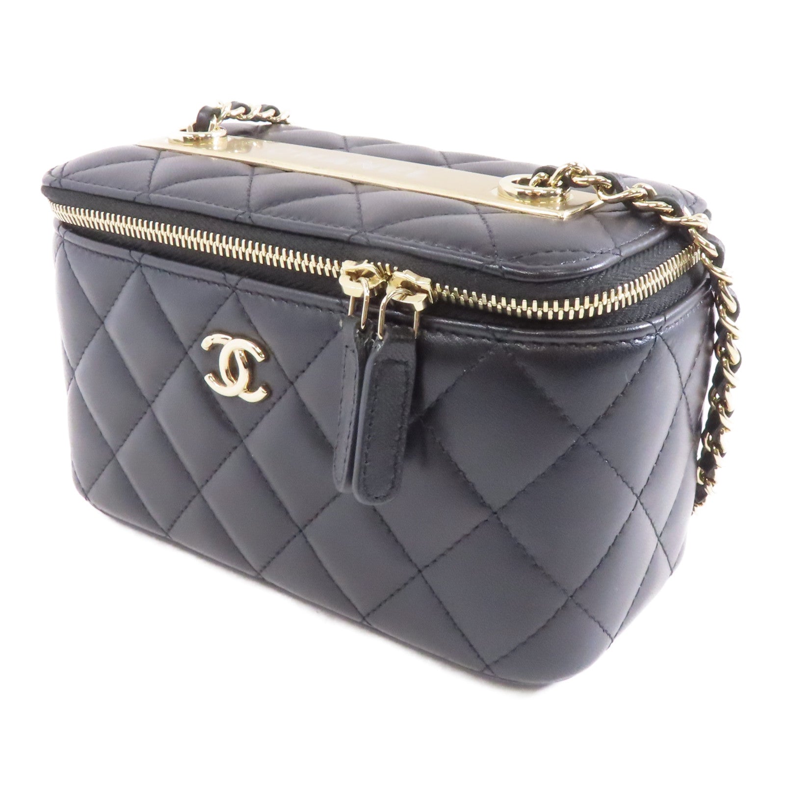CHANEL 菱格羊皮皮革Vanity Bag金扣鏈帶肩背袋黑色