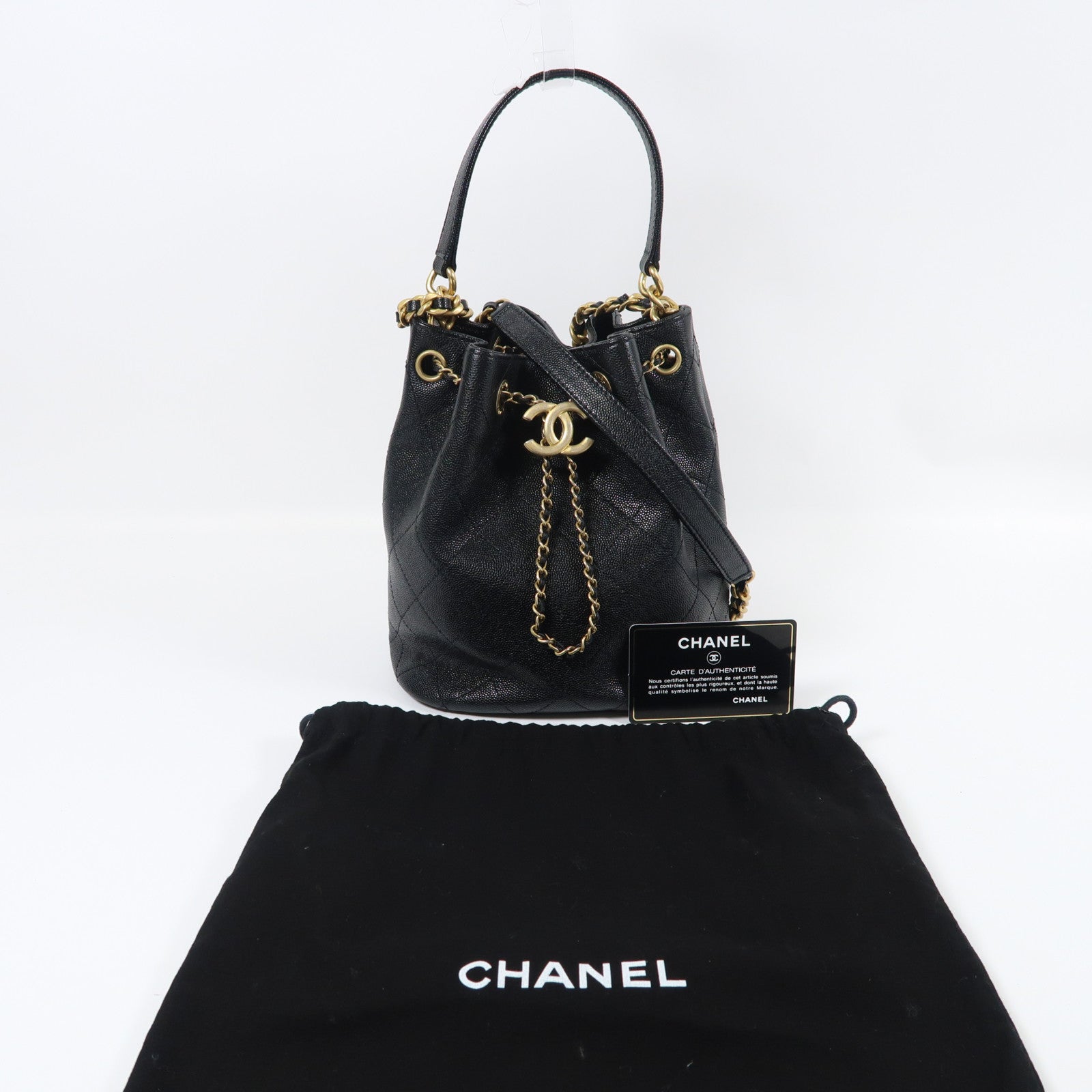 CHANEL 牛皮皮革Bucket Bag金扣手挽肩背兩用袋黑色
