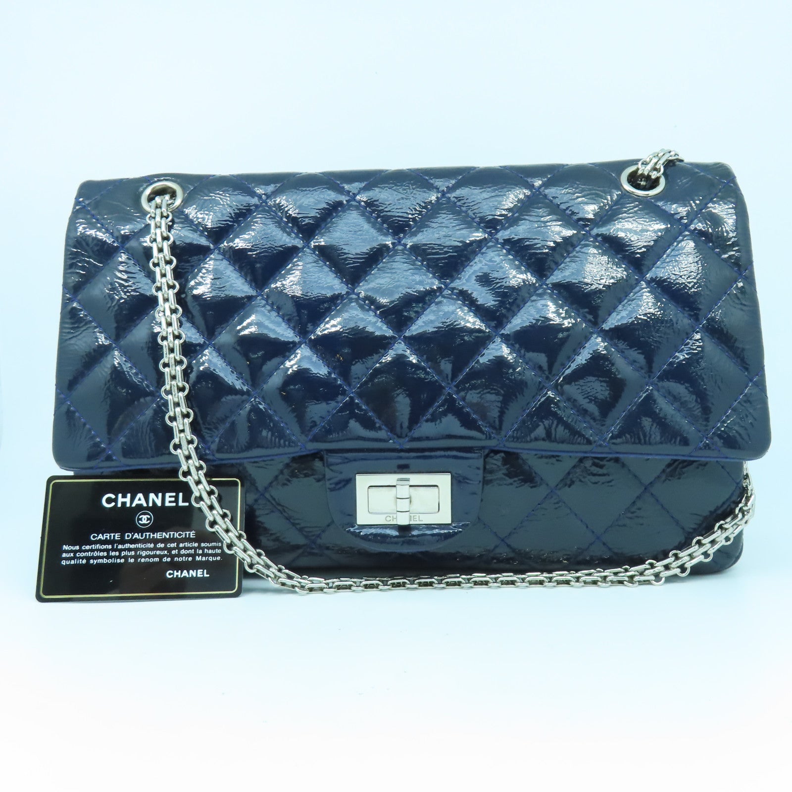 CHANEL **【激減優惠】菱格漆皮皮革2.55 Chain Shoulder銀扣鏈帶肩背袋深藍色