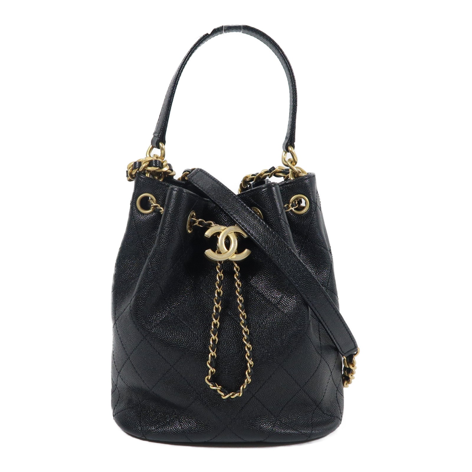 CHANEL 牛皮皮革Bucket Bag金扣手挽肩背兩用袋黑色