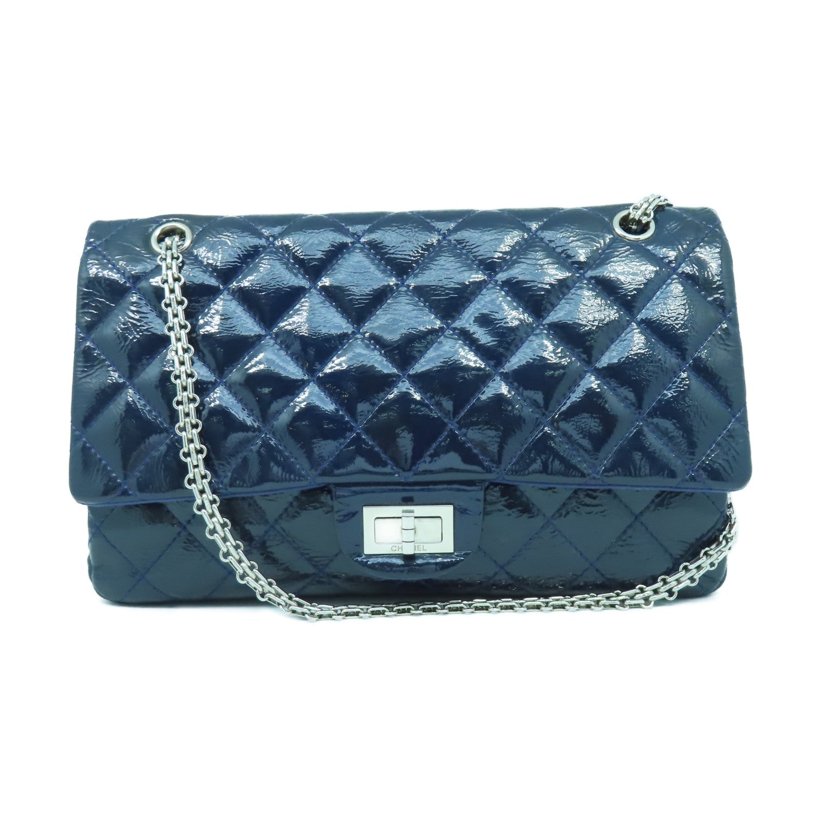 CHANEL **【激減優惠】菱格漆皮皮革2.55 Chain Shoulder銀扣鏈帶肩背袋深藍色