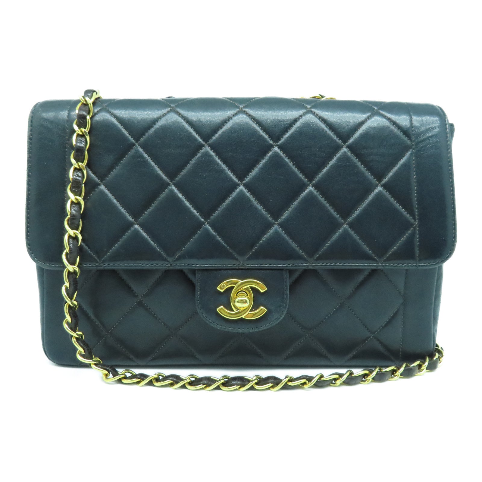 CHANEL 菱格羊皮皮革Chain Shoulder Bag金扣链带肩背袋黑色