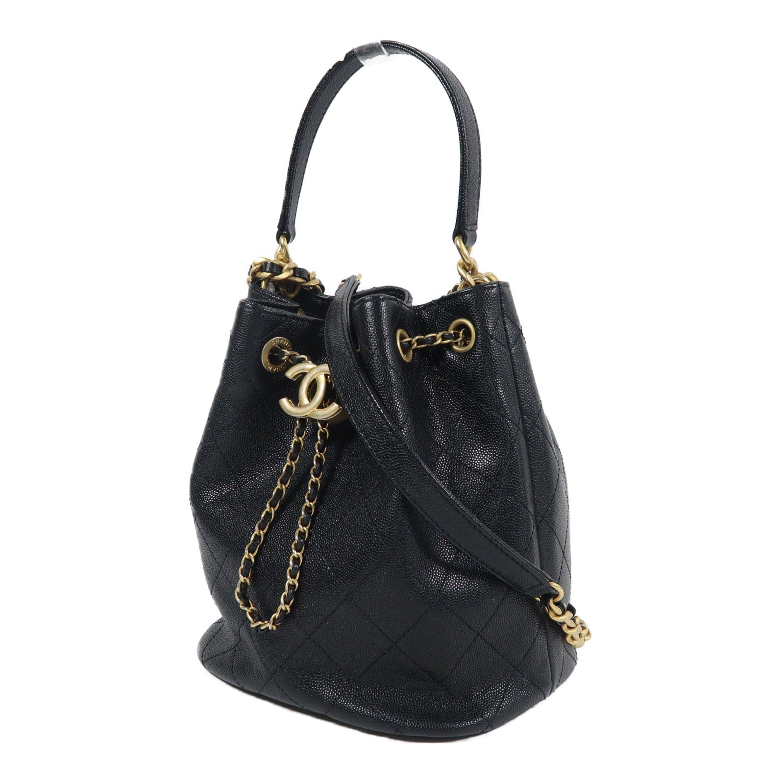 CHANEL 牛皮皮革Bucket Bag金扣手挽肩背兩用袋黑色