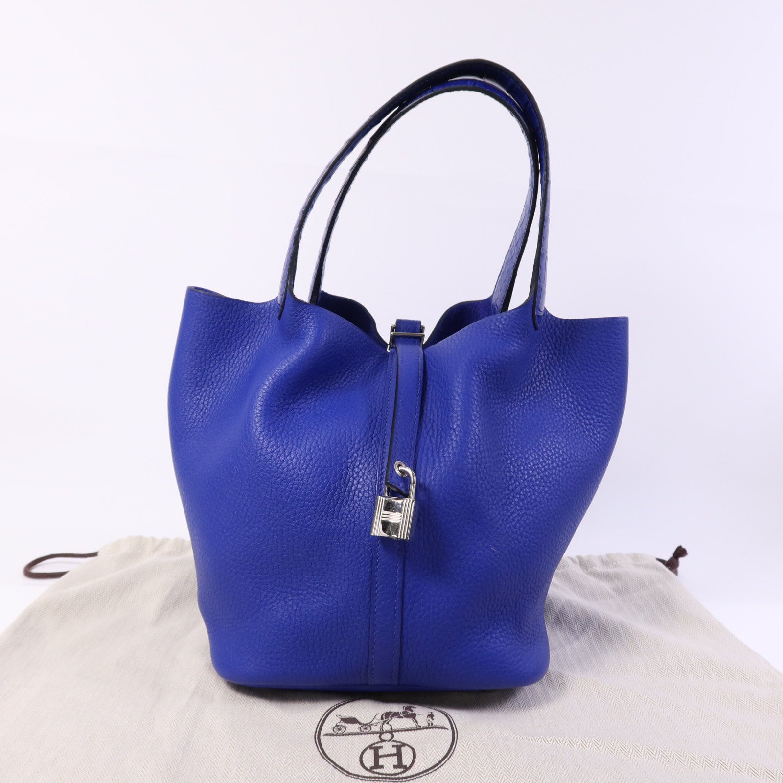 HERMES Clemence皮革Picotin MM銀扣手挽袋Blue