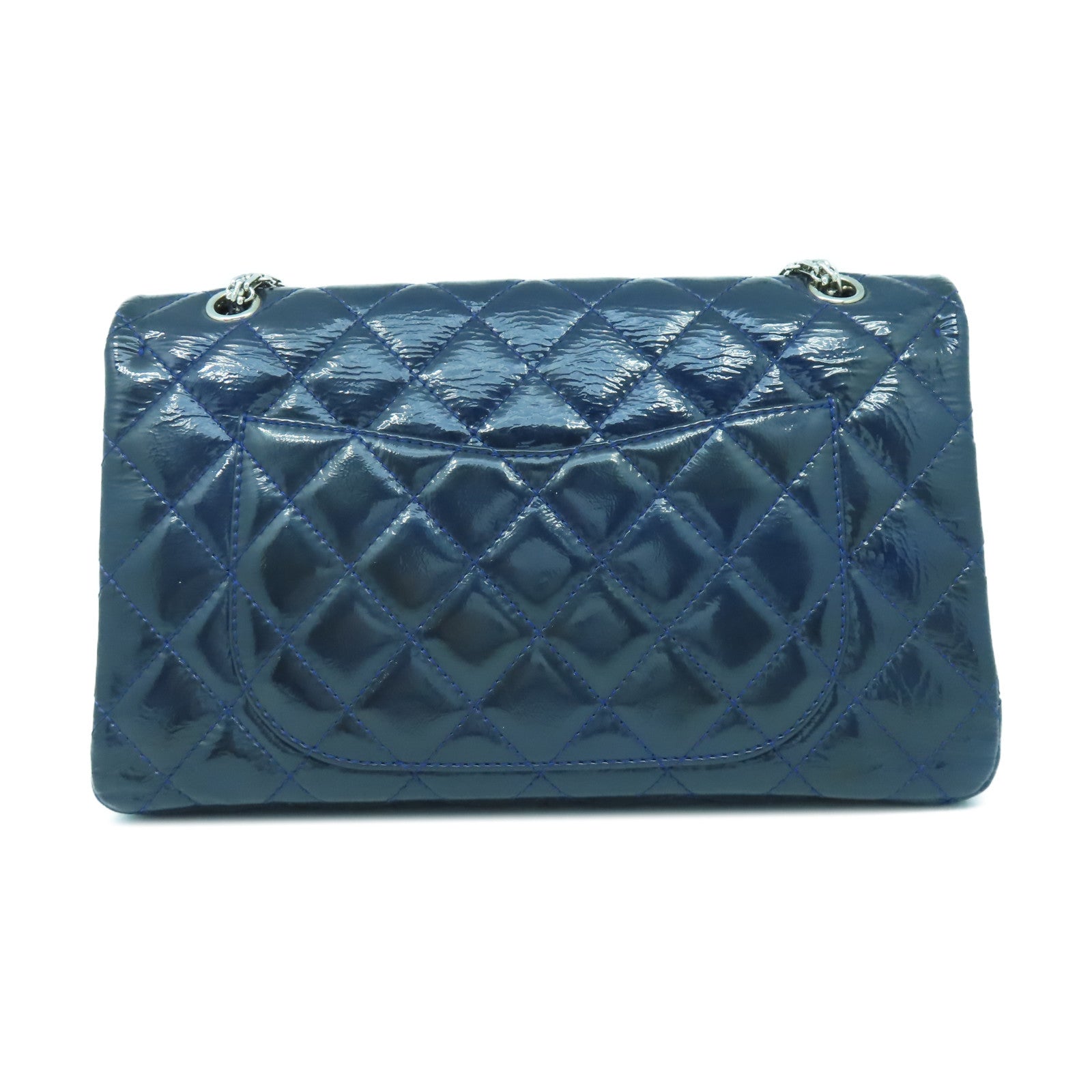CHANEL **【激減優惠】菱格漆皮皮革2.55 Chain Shoulder銀扣鏈帶肩背袋深藍色