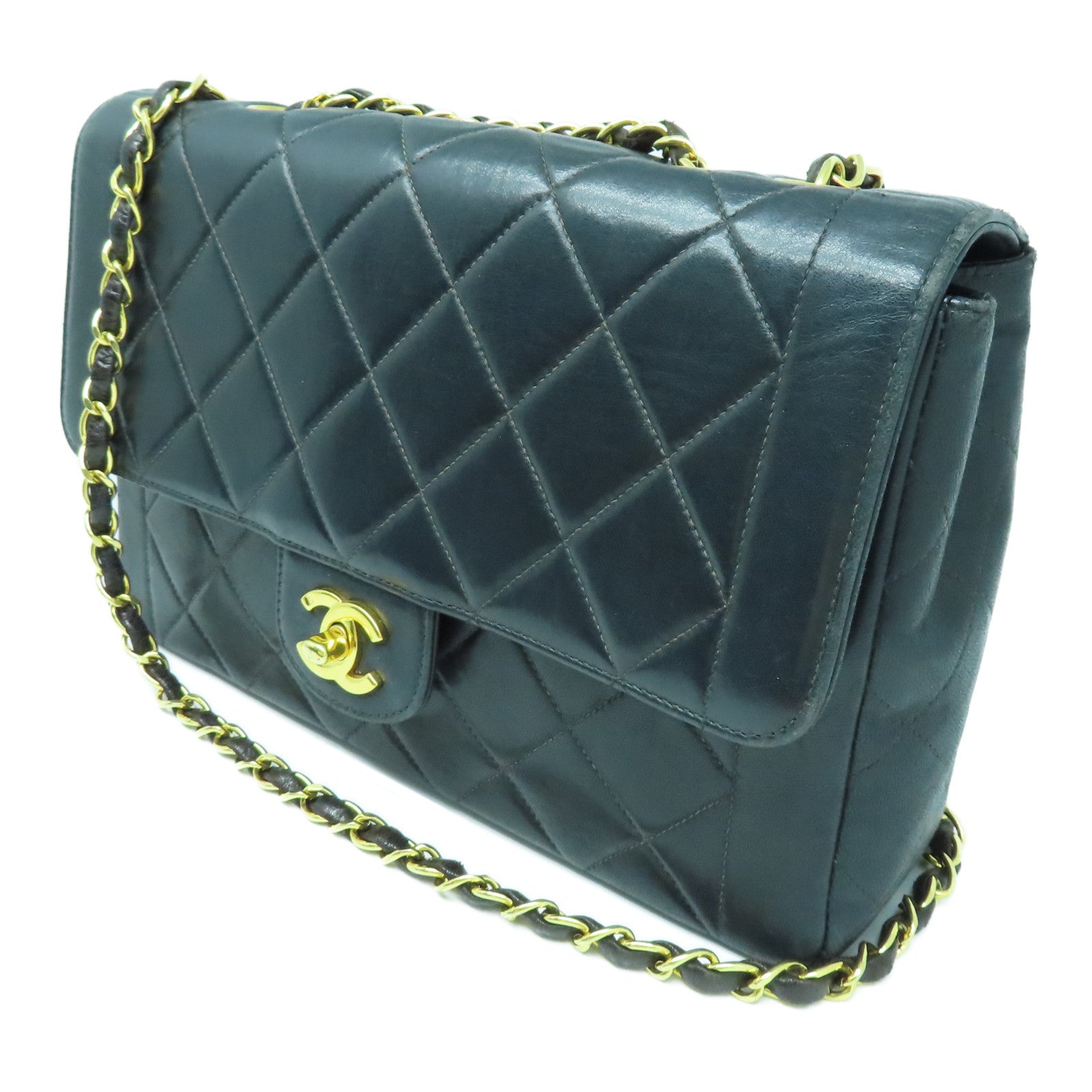 CHANEL 菱格羊皮皮革Chain Shoulder Bag金扣链带肩背袋黑色