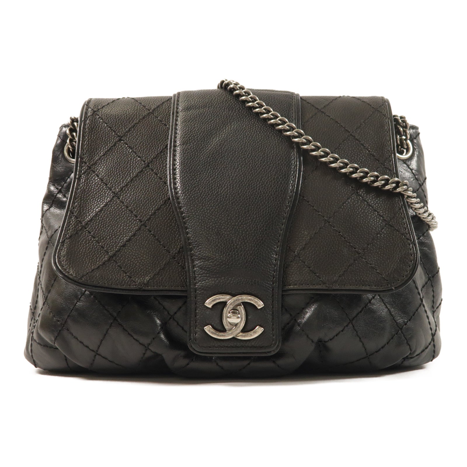 CHANEL 牛皮皮革Chain Shoulder銀扣鏈帶肩背袋