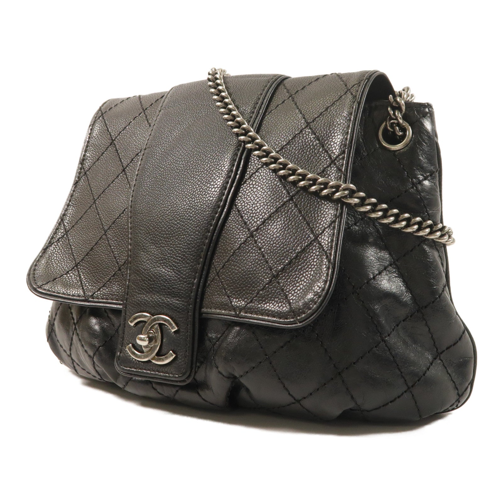 CHANEL 牛皮皮革Chain Shoulder銀扣鏈帶肩背袋