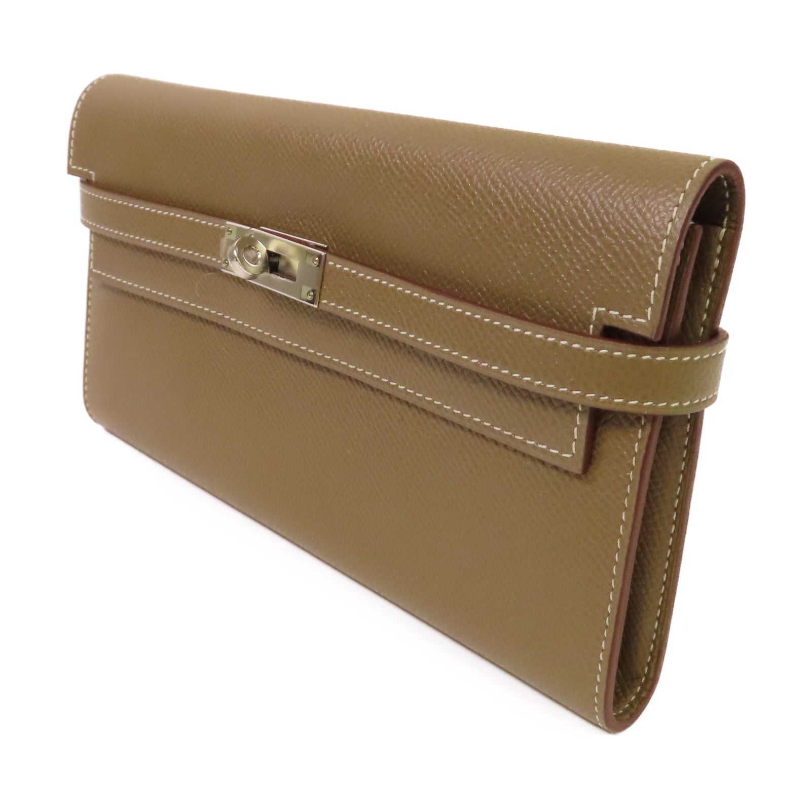HERMES Epsom皮革Kelly Long Wallet銀扣長錢包Etoupe大象灰色