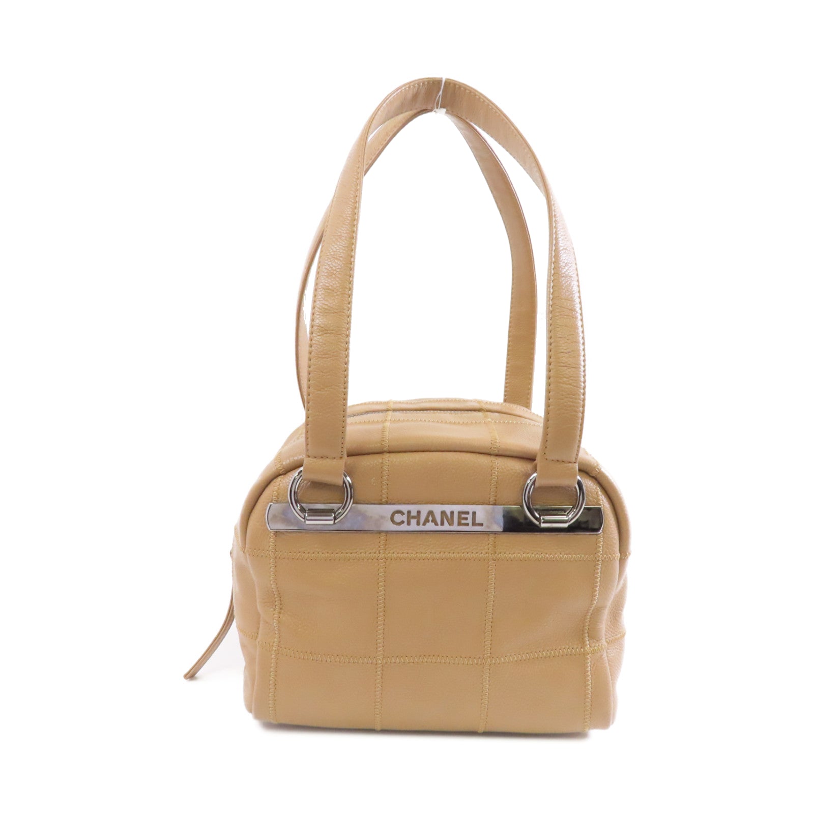 CHANEL 【激減優惠】牛皮皮革Lax Bowler Bag銀扣手挽袋卡其色