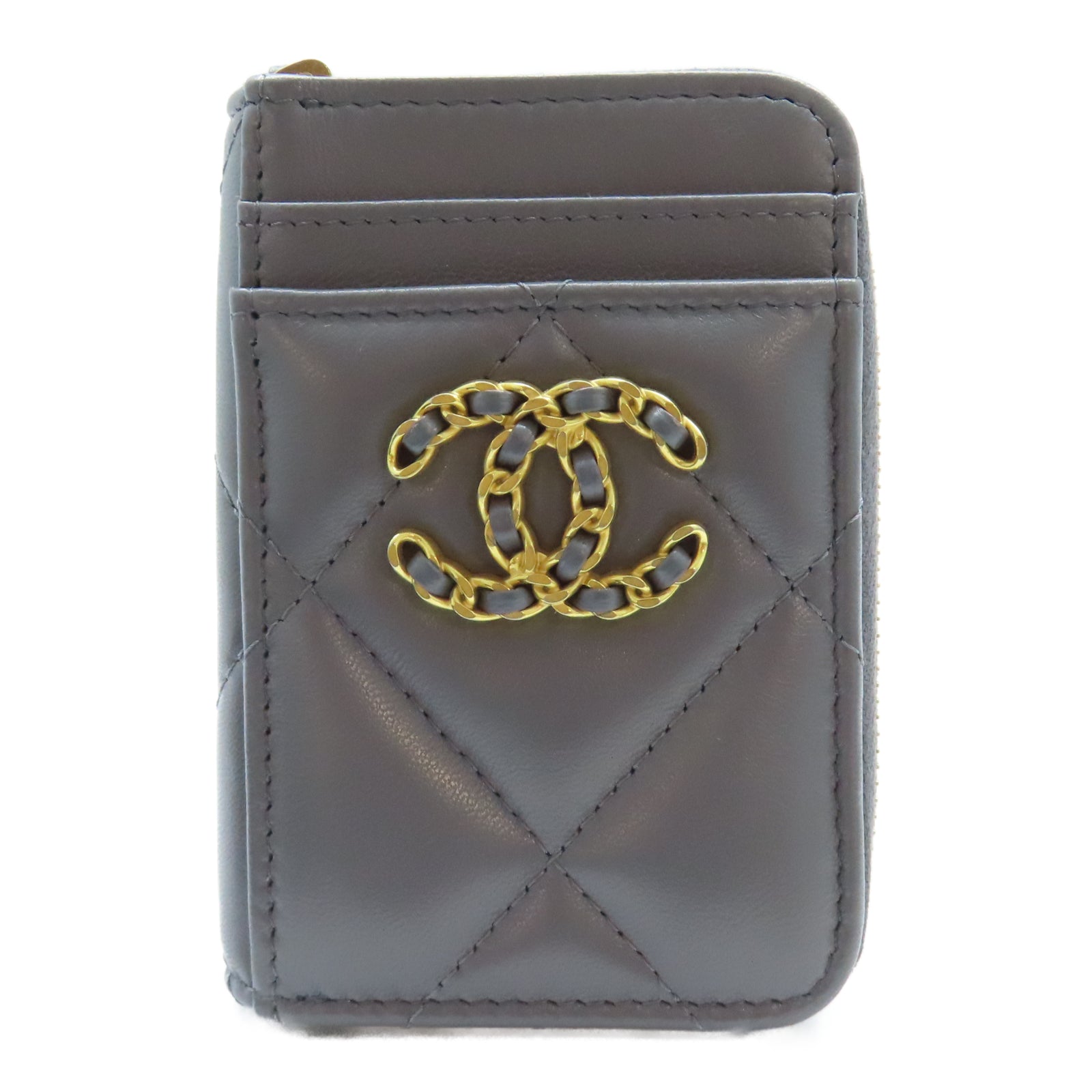 CHANEL 菱格羊皮皮革Card Holder金扣卡片套灰色