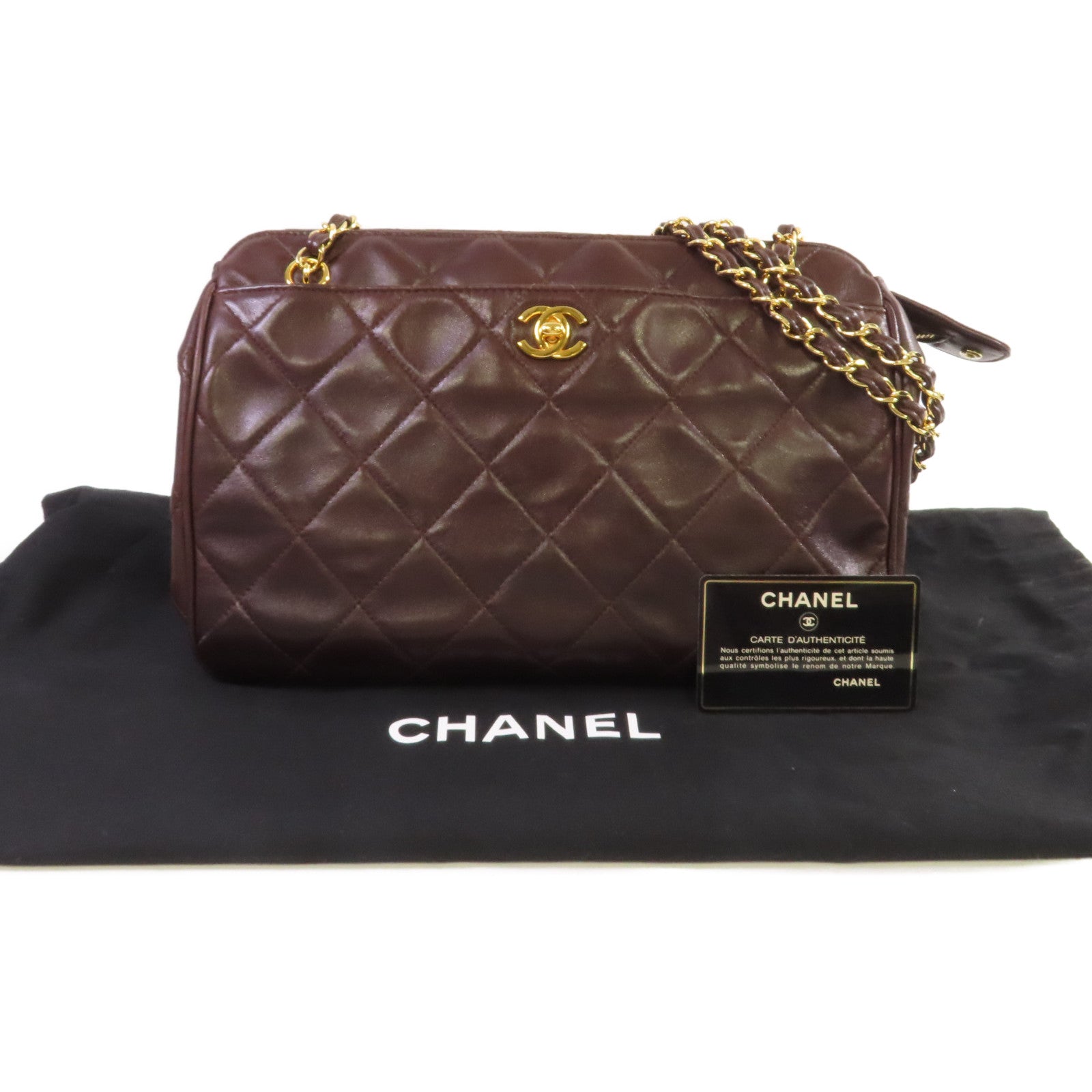 CHANEL 菱格羊皮皮革Chain Shoulder Bag金扣鏈帶肩背袋啡色