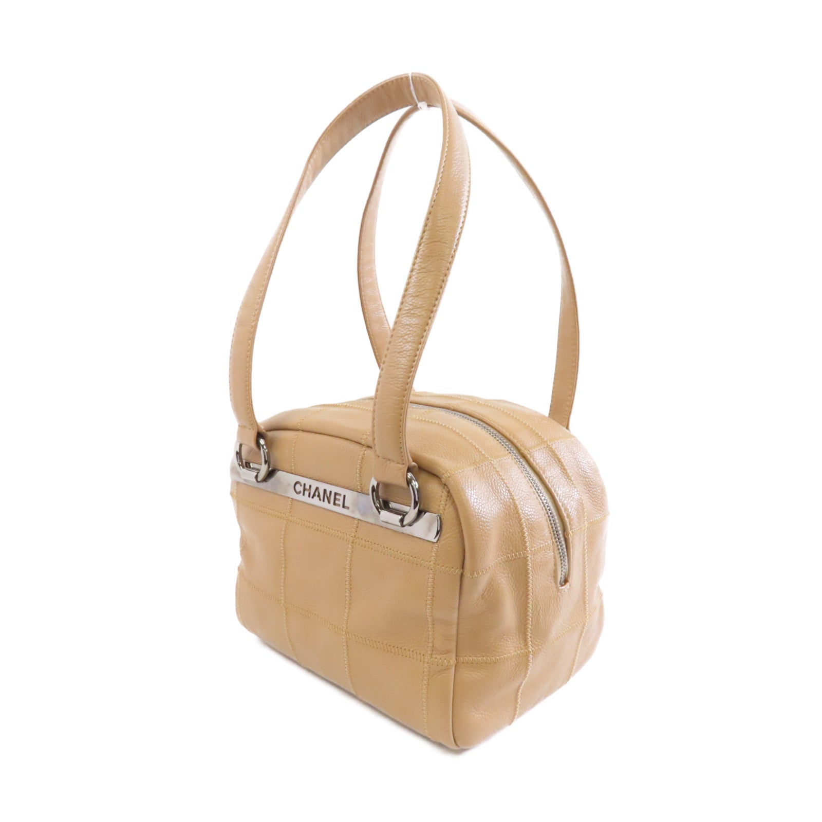 CHANEL 【激減優惠】牛皮皮革Lax Bowler Bag銀扣手挽袋卡其色