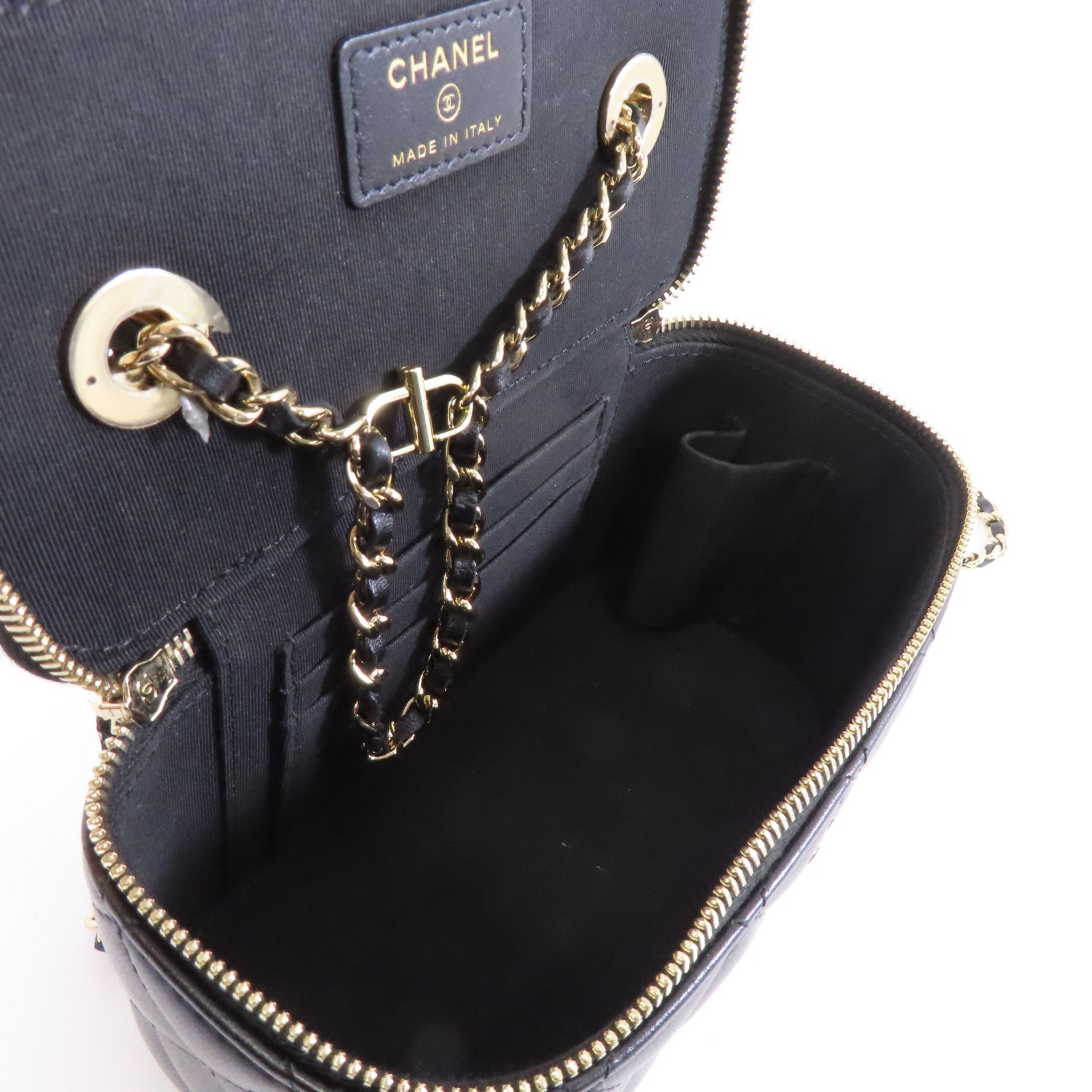 CHANEL 菱格羊皮皮革Vanity Bag金扣鏈帶肩背袋黑色