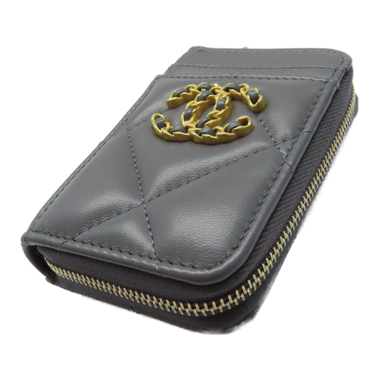 CHANEL 菱格羊皮皮革Card Holder金扣卡片套灰色