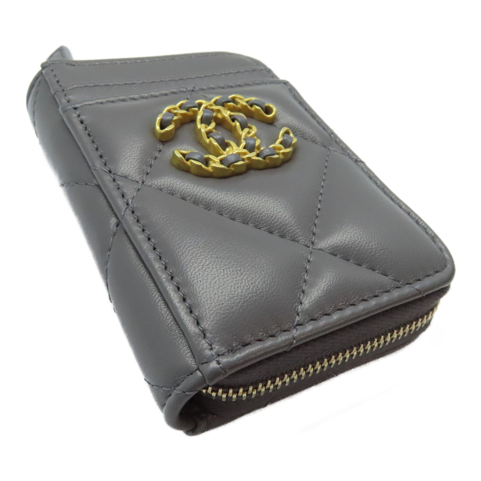 CHANEL 菱格羊皮皮革Card Holder金扣卡片套灰色