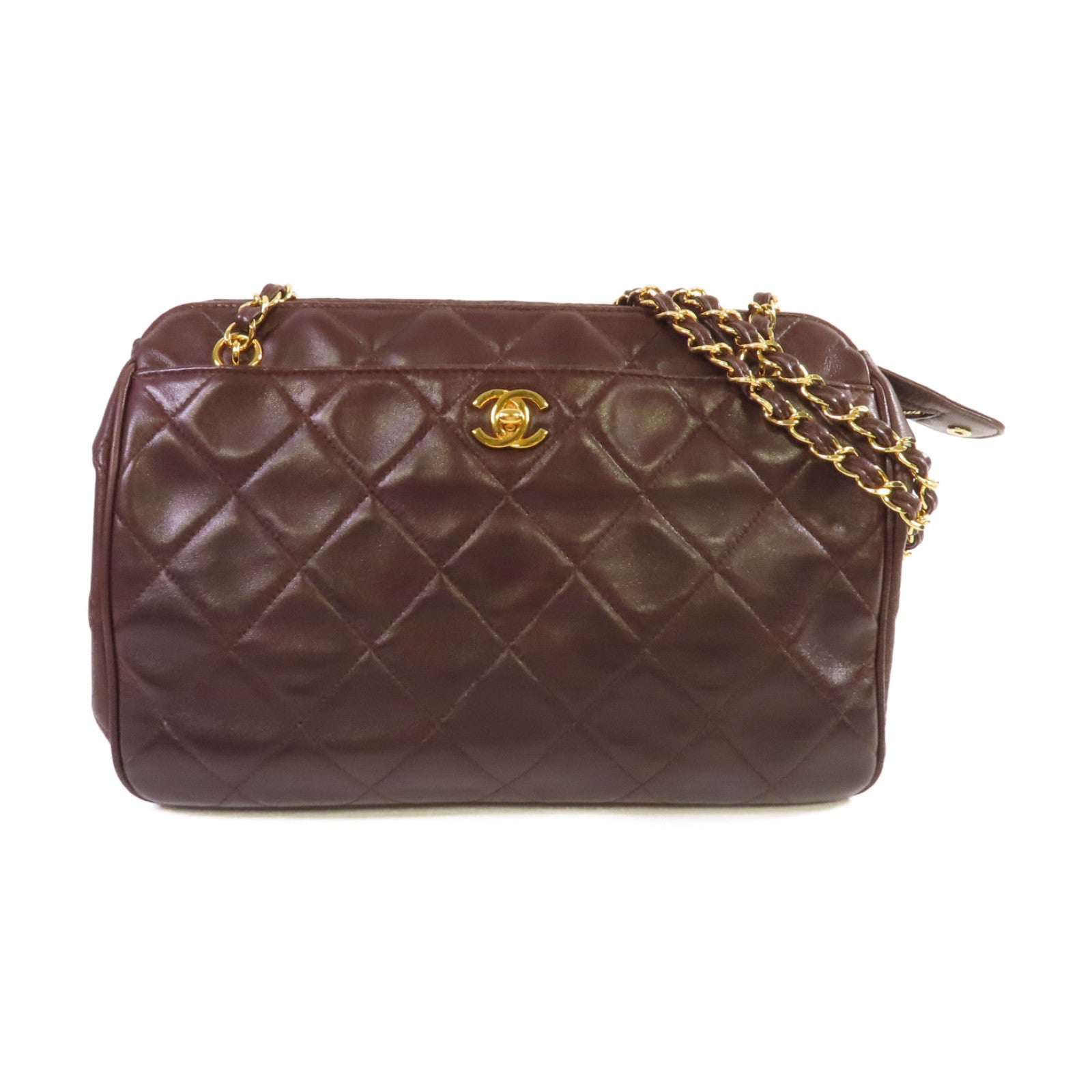 CHANEL 菱格羊皮皮革Chain Shoulder Bag金扣鏈帶肩背袋啡色
