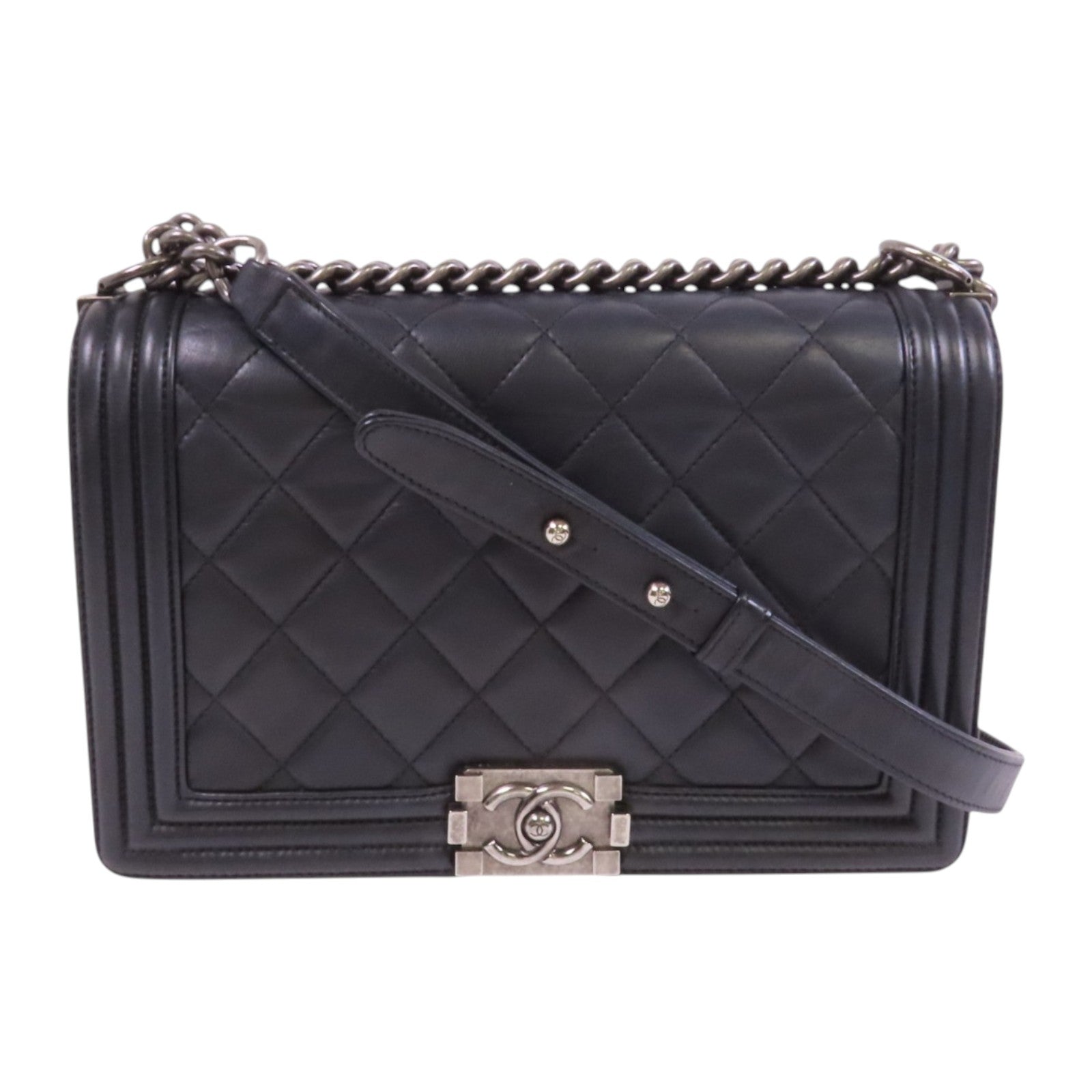 CHANEL 【激減優惠】牛皮皮革Boy 28銀扣鏈帶肩背袋