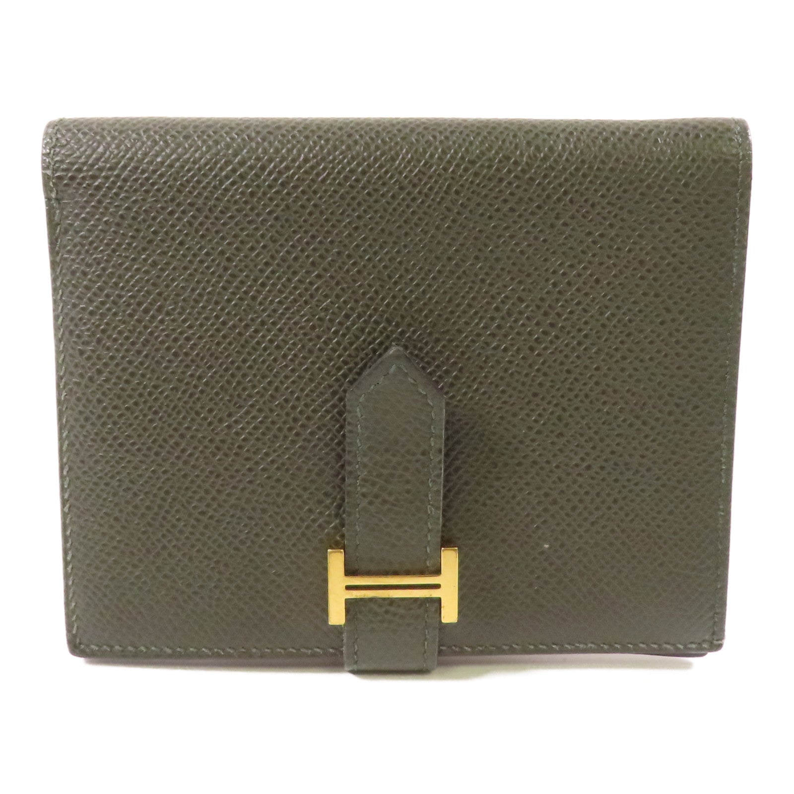 HERMES GHW Bearn Compact Round Wallet Epsom Leather G8 Vert Maquis