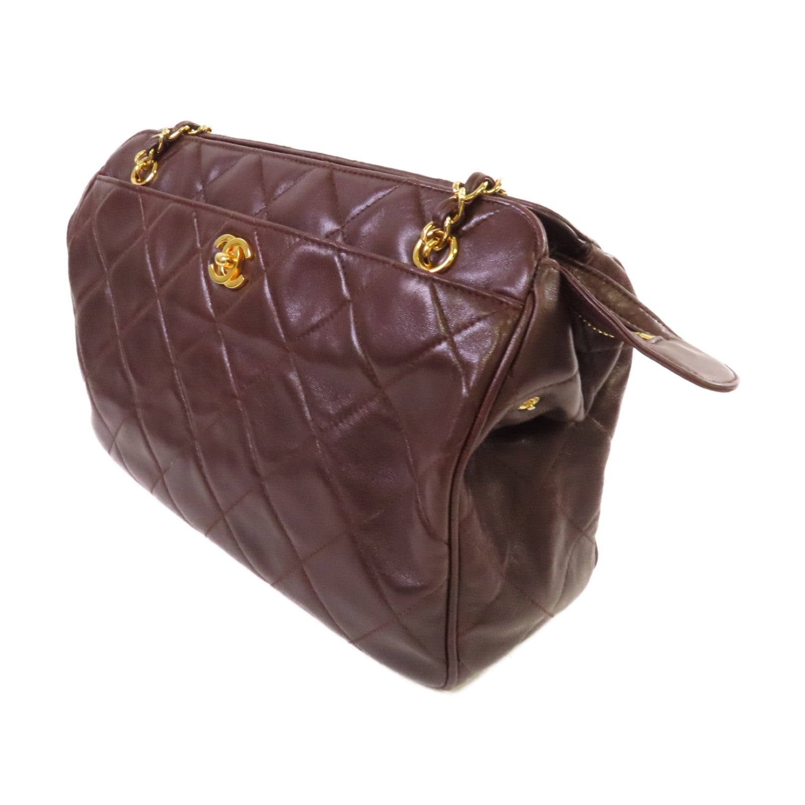 CHANEL 菱格羊皮皮革Chain Shoulder Bag金扣鏈帶肩背袋啡色