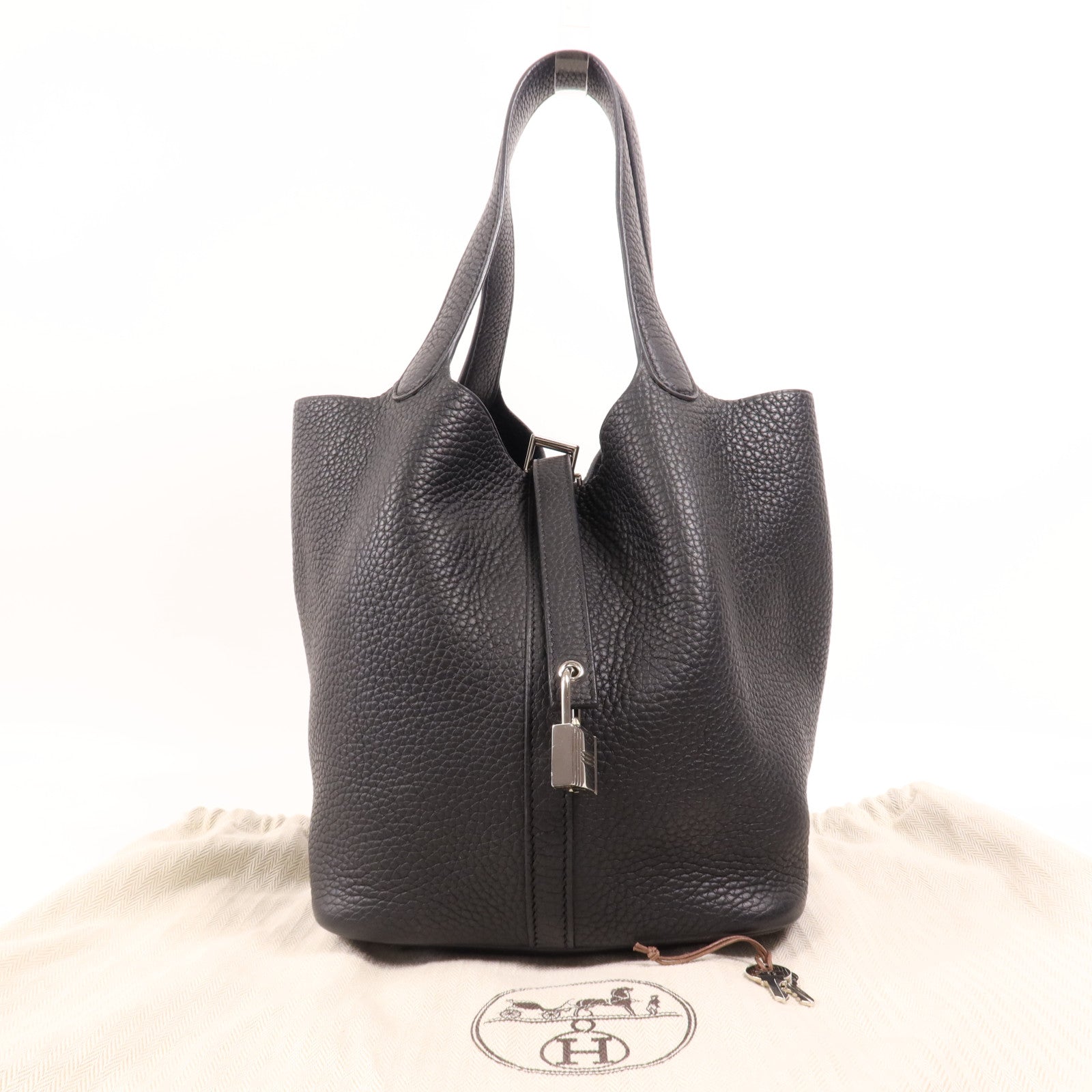 HERMES Clemence皮革Picotin MM銀扣手挽袋Noir