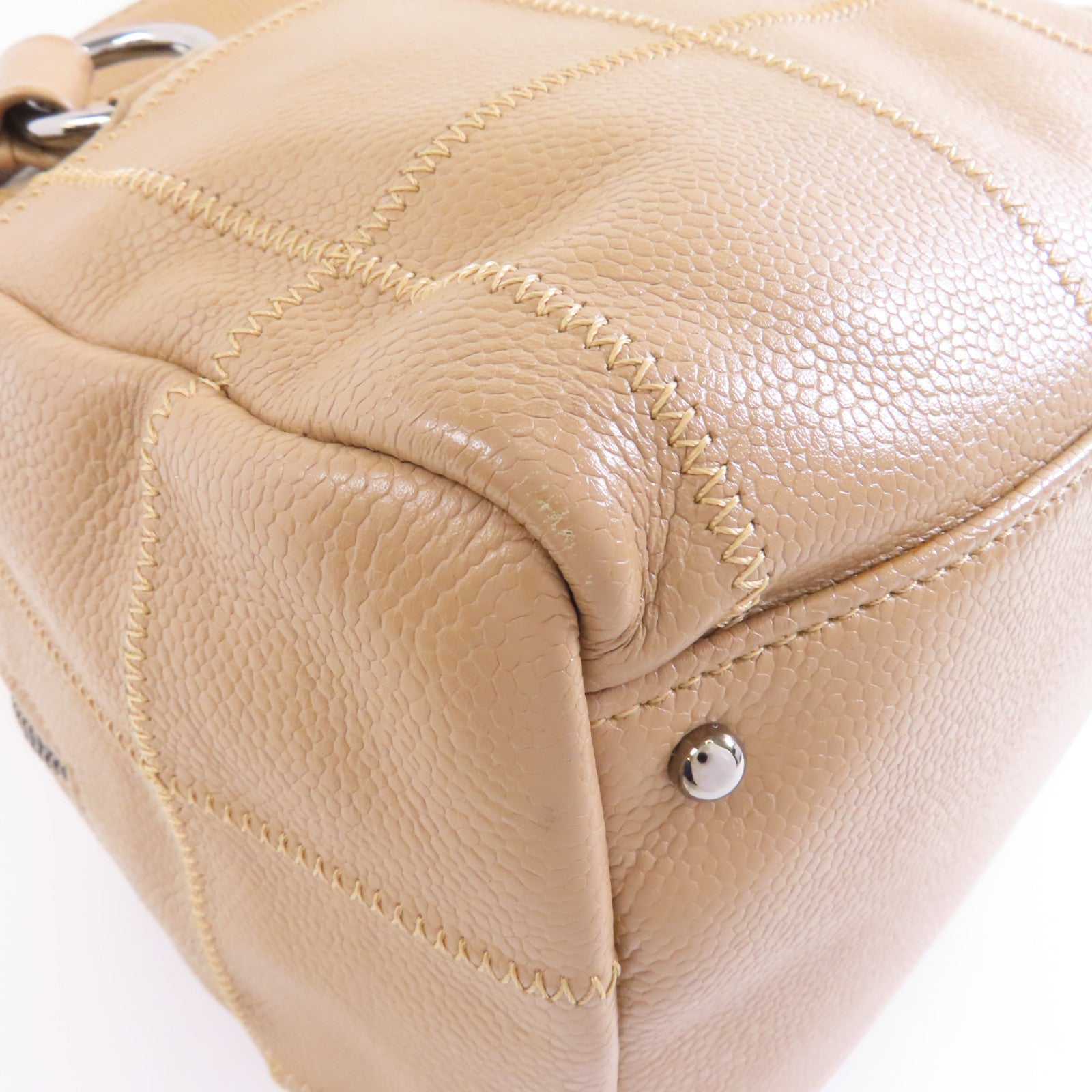 CHANEL 【激減優惠】牛皮皮革Lax Bowler Bag銀扣手挽袋卡其色