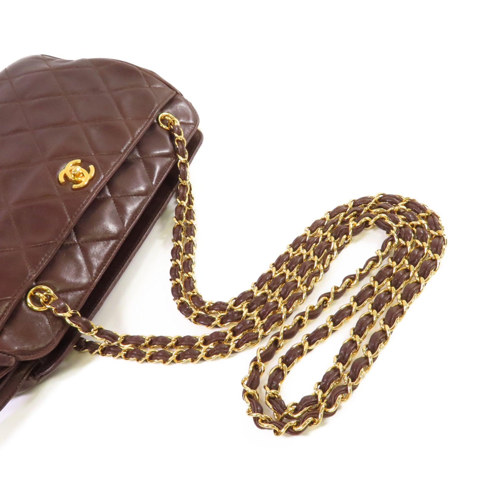 CHANEL 菱格羊皮皮革Chain Shoulder Bag金扣鏈帶肩背袋啡色